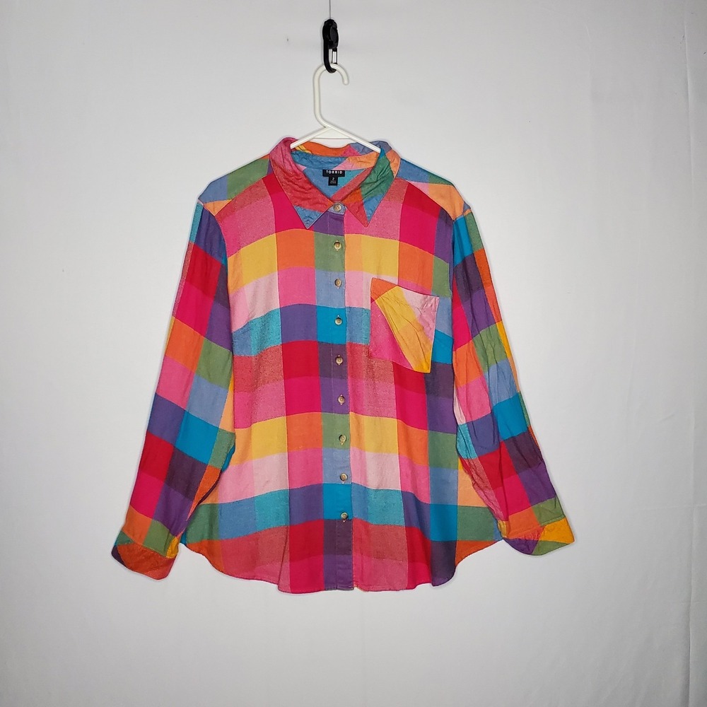 Torrid Rainbow Plaid Button Collar Shirt Women 2X Lightweight Colorful Block